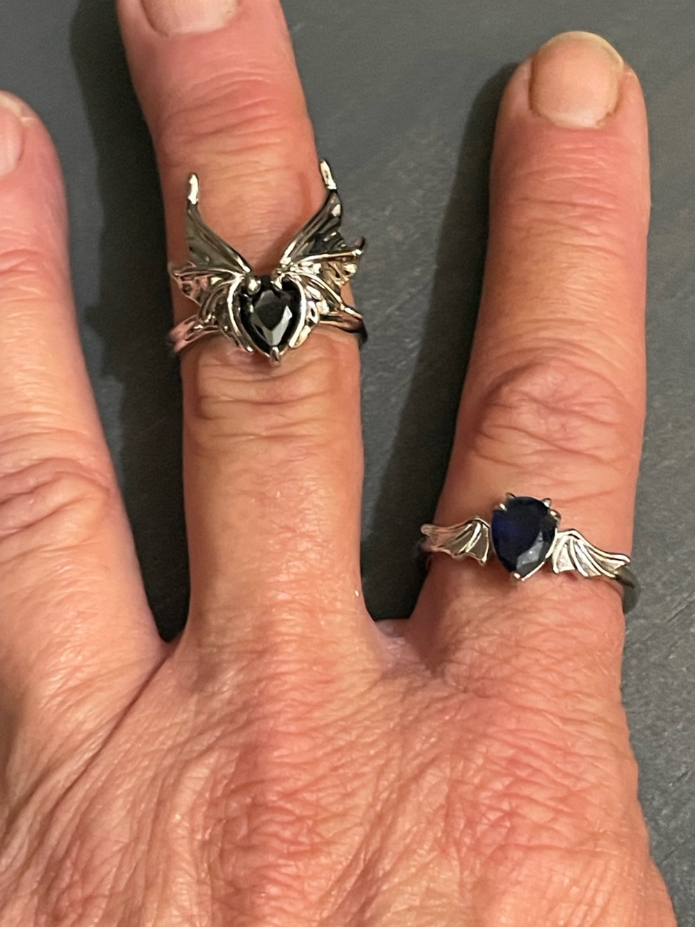 Sterling Silver Teardrop Wing Ring with Deep Blue Gem - Women Jewelry